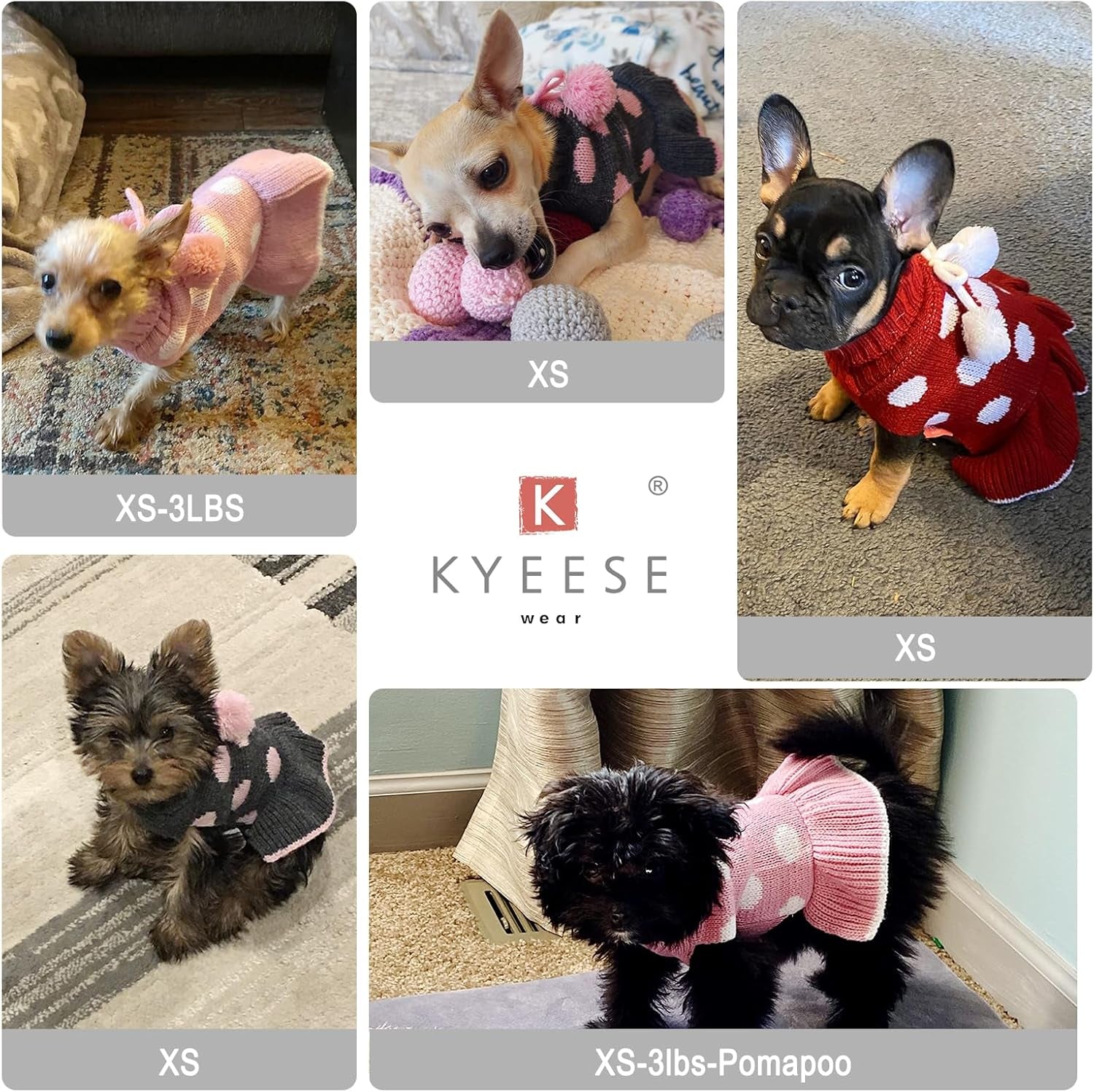 Dog Sweaters with Leash Hole Small Turtleneck Dog Sweater Dress for Girl Polka Dot Knit Warm Pet Clothes with Pom Pom Ball