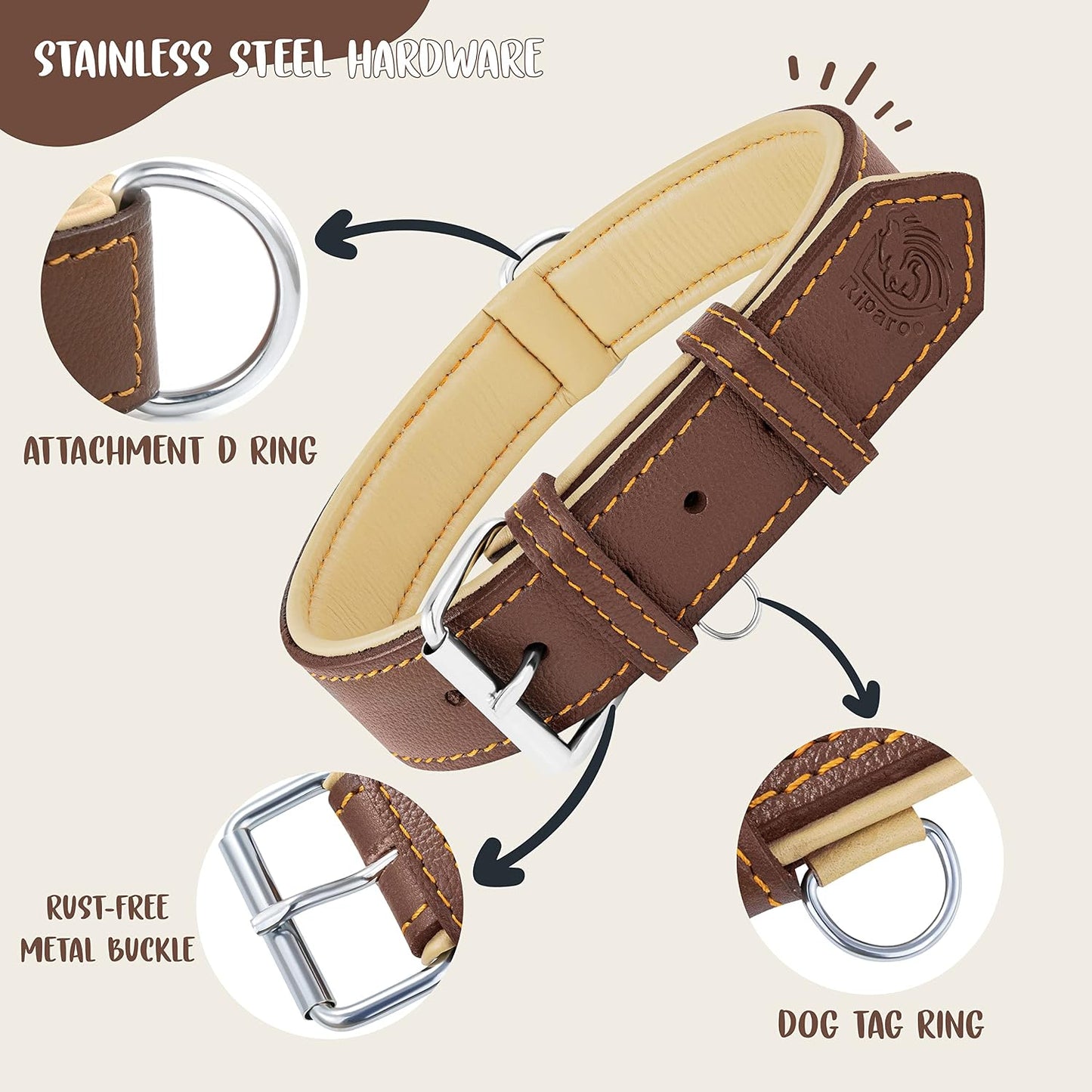 Riparo Dog Collars for Medium Dogs, Genuine Leather Dog Collar, Medium Dog Collar (M: 1" Wide for 13.5”-17.5” Neck, Brown)