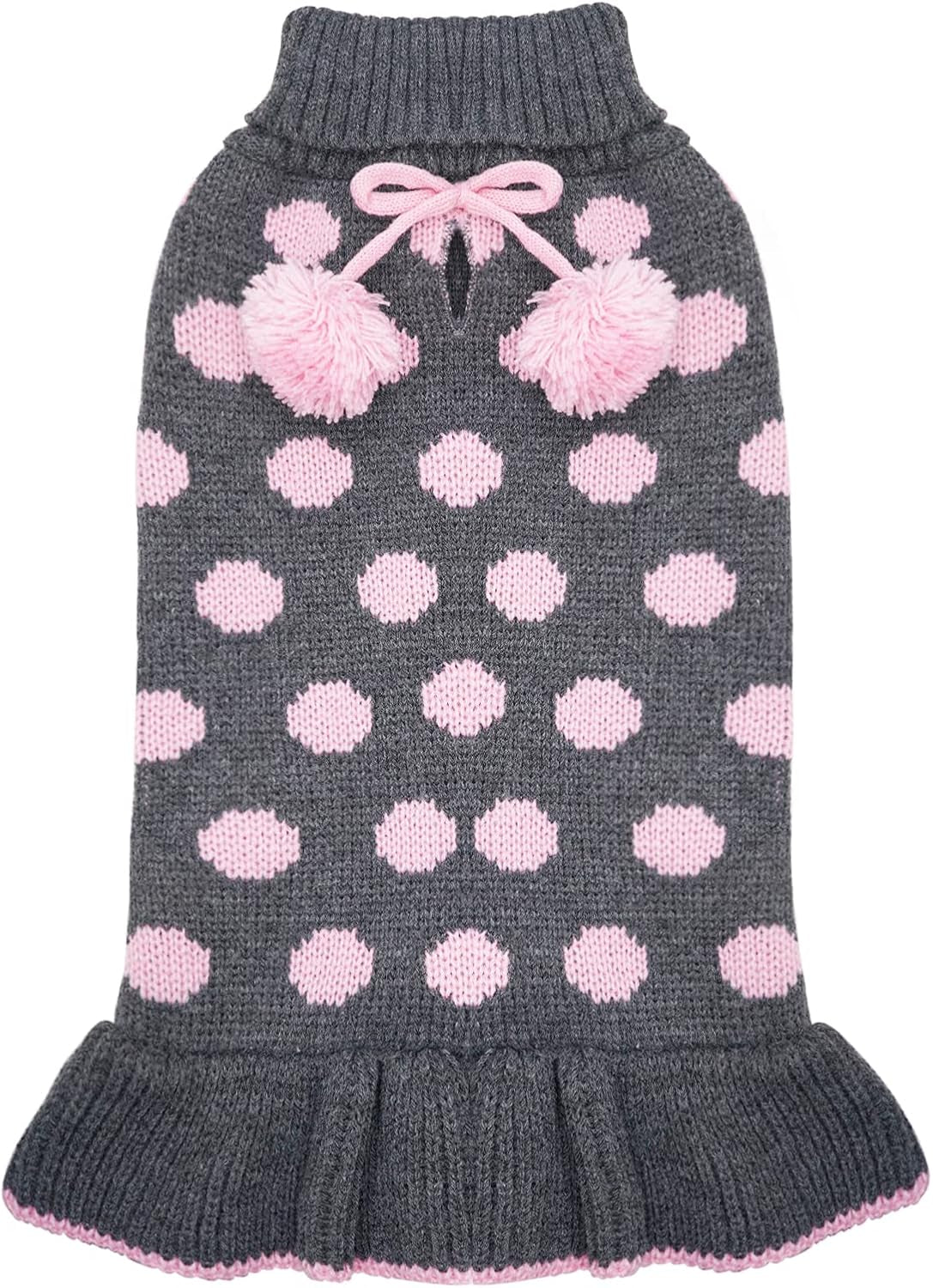 Dog Sweaters with Leash Hole Small Turtleneck Dog Sweater Dress for Girl Polka Dot Knit Warm Pet Clothes with Pom Pom Ball