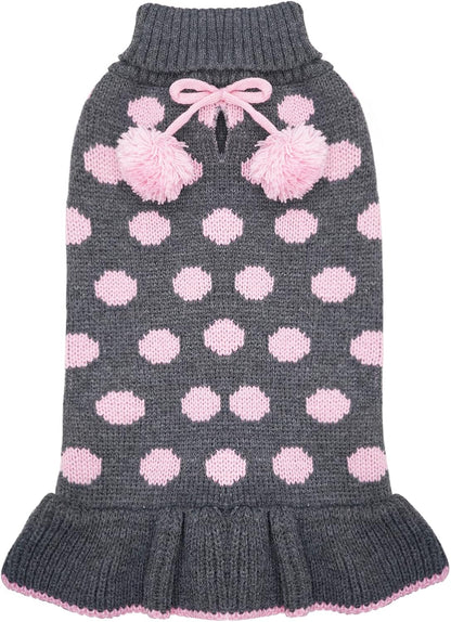 Dog Sweaters with Leash Hole Small Turtleneck Dog Sweater Dress for Girl Polka Dot Knit Warm Pet Clothes with Pom Pom Ball