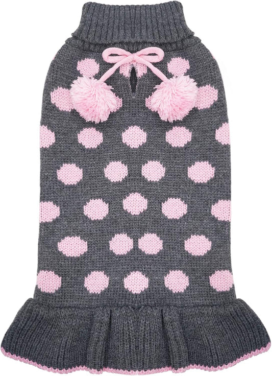 Dog Sweaters with Leash Hole Small Turtleneck Dog Sweater Dress for Girl Polka Dot Knit Warm Pet Clothes with Pom Pom Ball