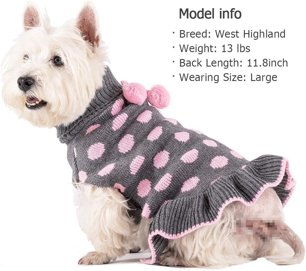 Dog Sweaters with Leash Hole Small Turtleneck Dog Sweater Dress for Girl Polka Dot Knit Warm Pet Clothes with Pom Pom Ball