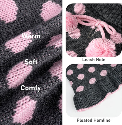 Dog Sweaters with Leash Hole Small Turtleneck Dog Sweater Dress for Girl Polka Dot Knit Warm Pet Clothes with Pom Pom Ball