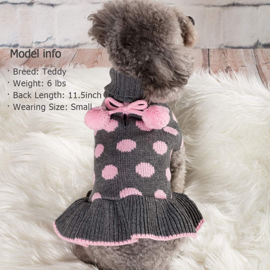 Dog Sweaters with Leash Hole Small Turtleneck Dog Sweater Dress for Girl Polka Dot Knit Warm Pet Clothes with Pom Pom Ball