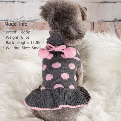 Dog Sweaters with Leash Hole Small Turtleneck Dog Sweater Dress for Girl Polka Dot Knit Warm Pet Clothes with Pom Pom Ball