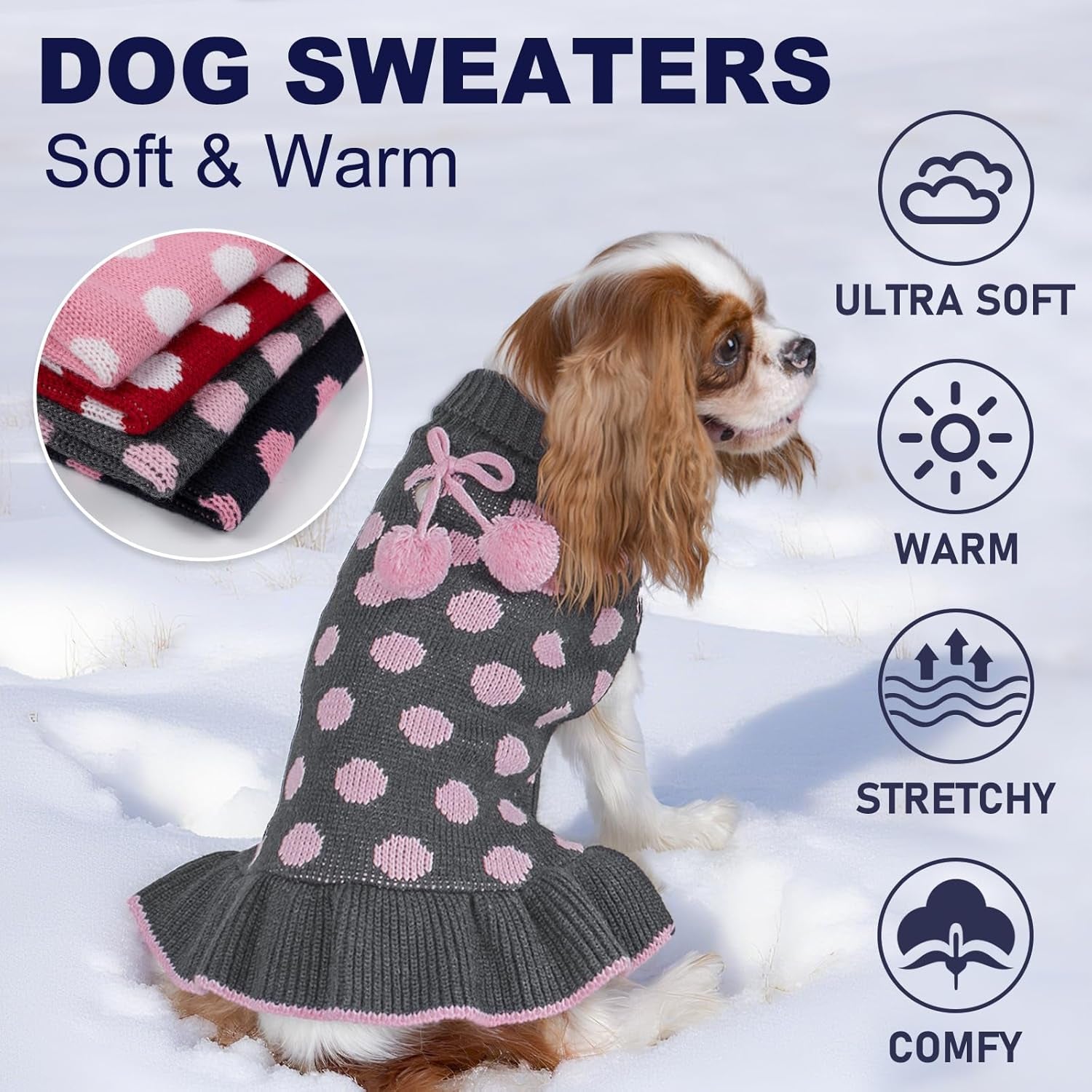 Dog Sweaters with Leash Hole Small Turtleneck Dog Sweater Dress for Girl Polka Dot Knit Warm Pet Clothes with Pom Pom Ball